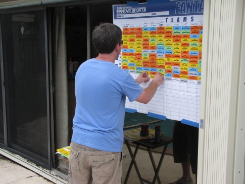 IMG_5652 Jamey Eisenberg putting up pictures at our pool draft.
