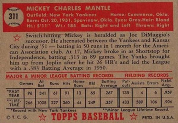 1952 Topps Mickey Mantle 311 red back